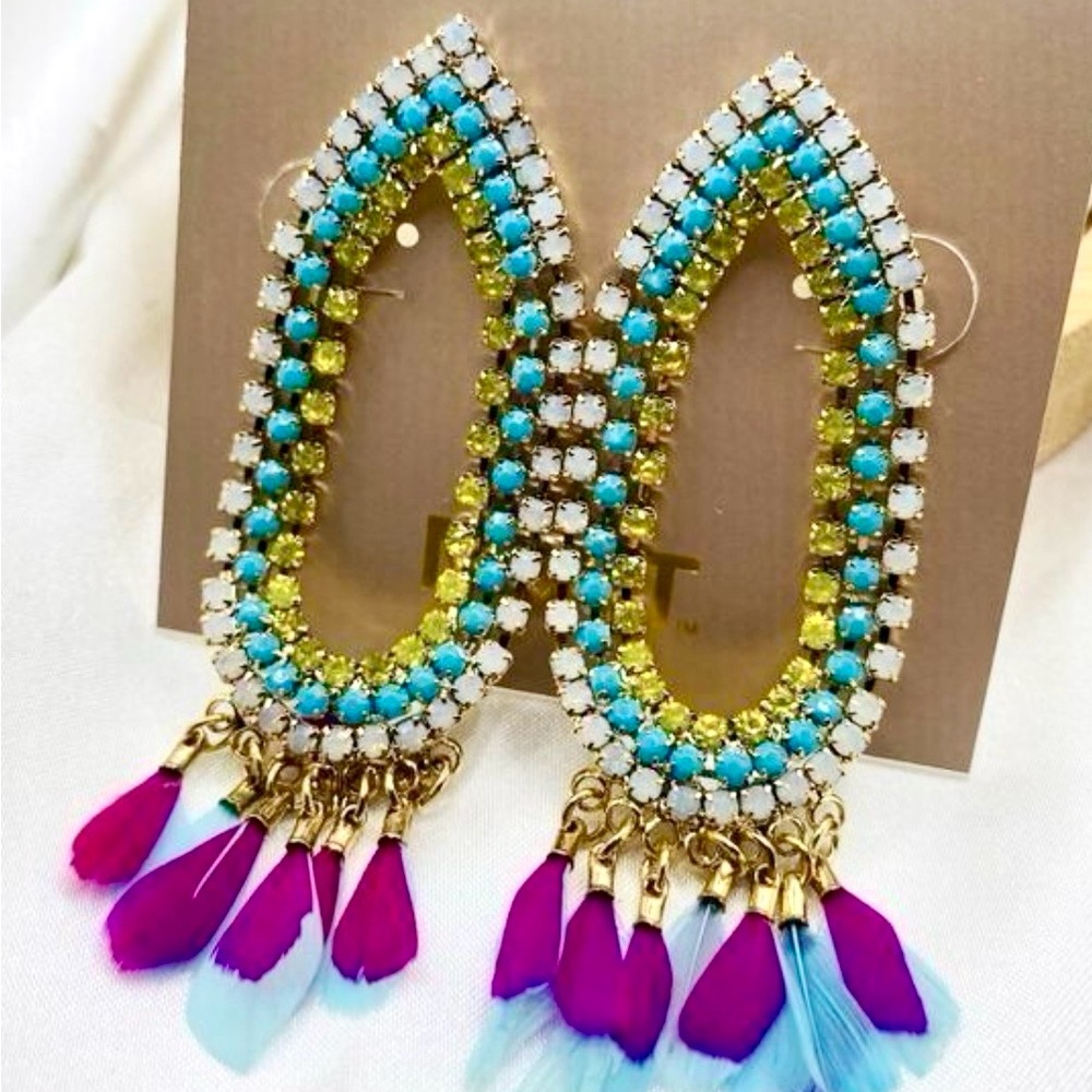Austrian Crystal Earrings Gold Overlay feather dangle earrings